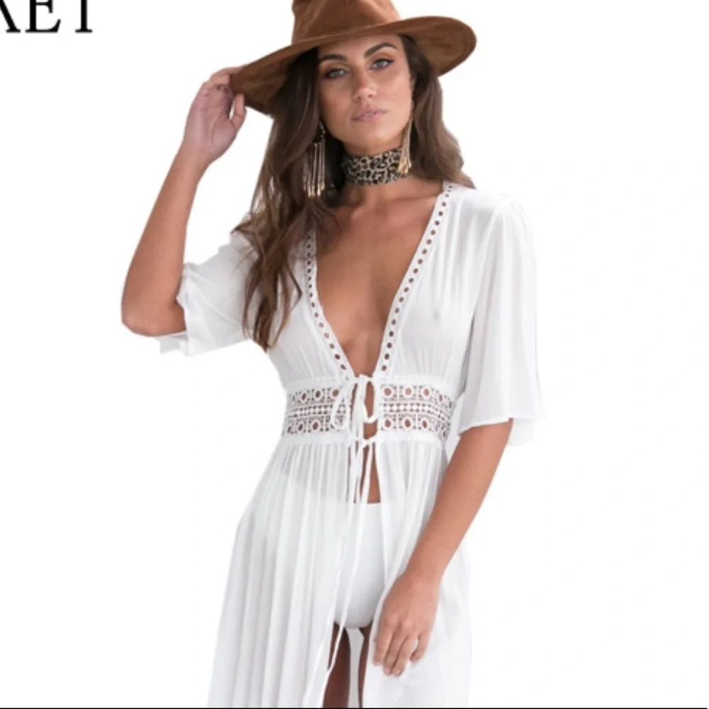Boho beach dress coverup white crochet kimono top - Picture 4 of 7